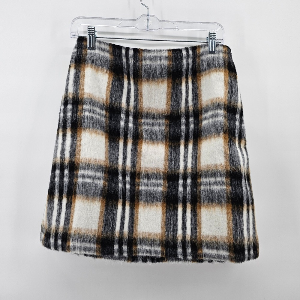 LOFT Plaid Mini Skirt Womens 10 White Black Brown Fuzzy Brushed 764378 NWT